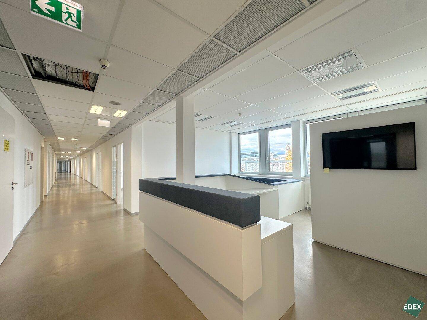 Langer Bürogang mit einem Empfangsbereich und Blick in einen offenen Büroraum mit großen Fenstern.