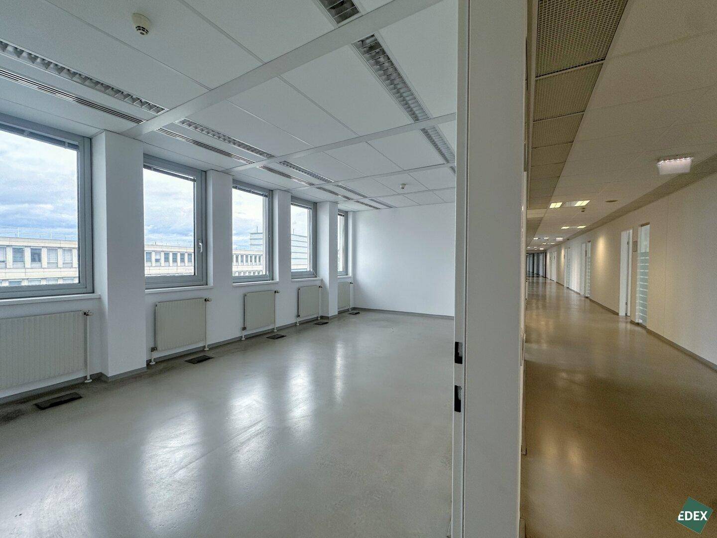 Geräumiger, leerer Büroraum mit einer Fensterfront und Blick auf einen langen Flur.