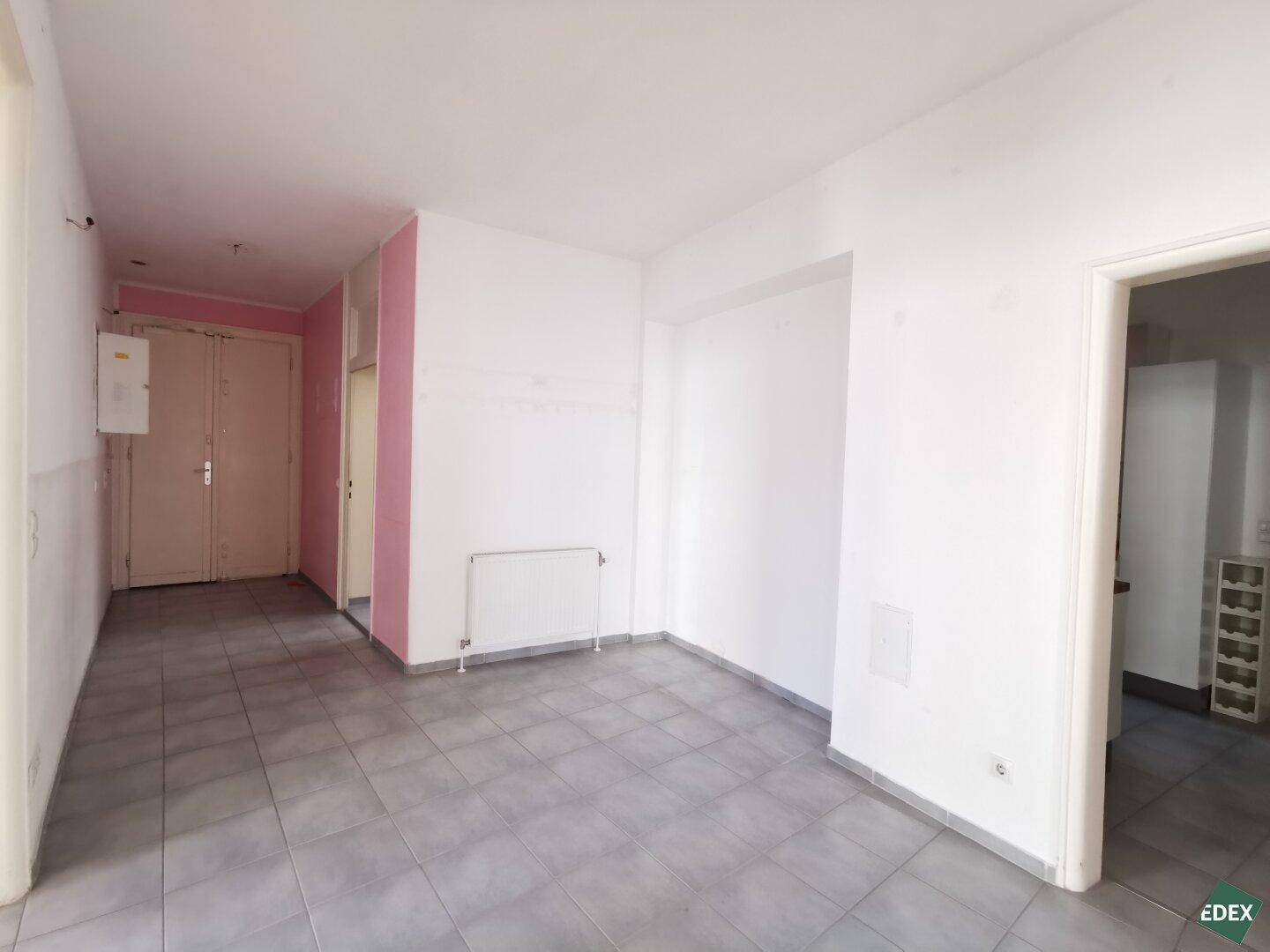 Geräumiger Flur mit grauen Fliesen, rosa Akzentwänden und Zugang zu weiteren Räumen.