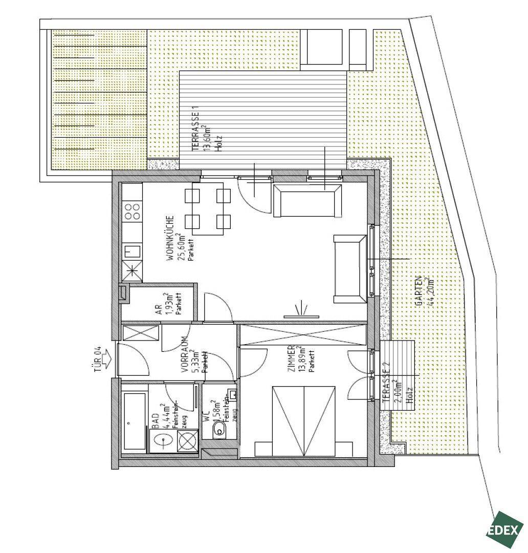 Detaillierter Grundriss einer Wohnung mit Wohnküche, Schlafzimmer, Bad und zwei Terrassen.