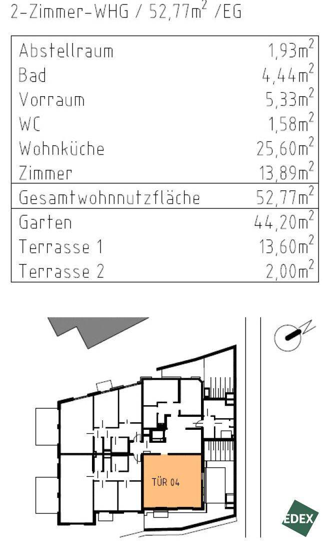 Übersicht des Grundrisses mit Flächenangaben für die einzelnen Räume und Außenbereiche.