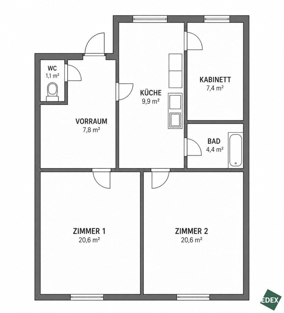 Grundriss der Wohnung mit drei Zimmern, Küche, Bad und separatem WC.