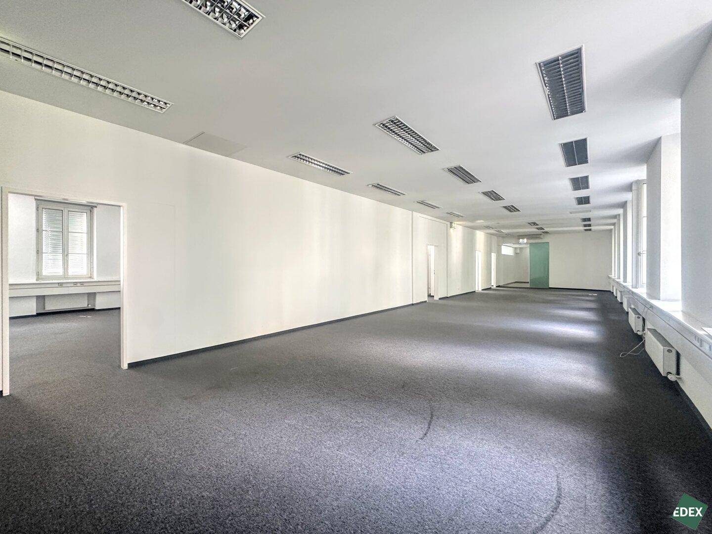 Geräumiges Büro mit Teppichboden, weißen Wänden und einer Trennwand, die den Raum strukturiert.