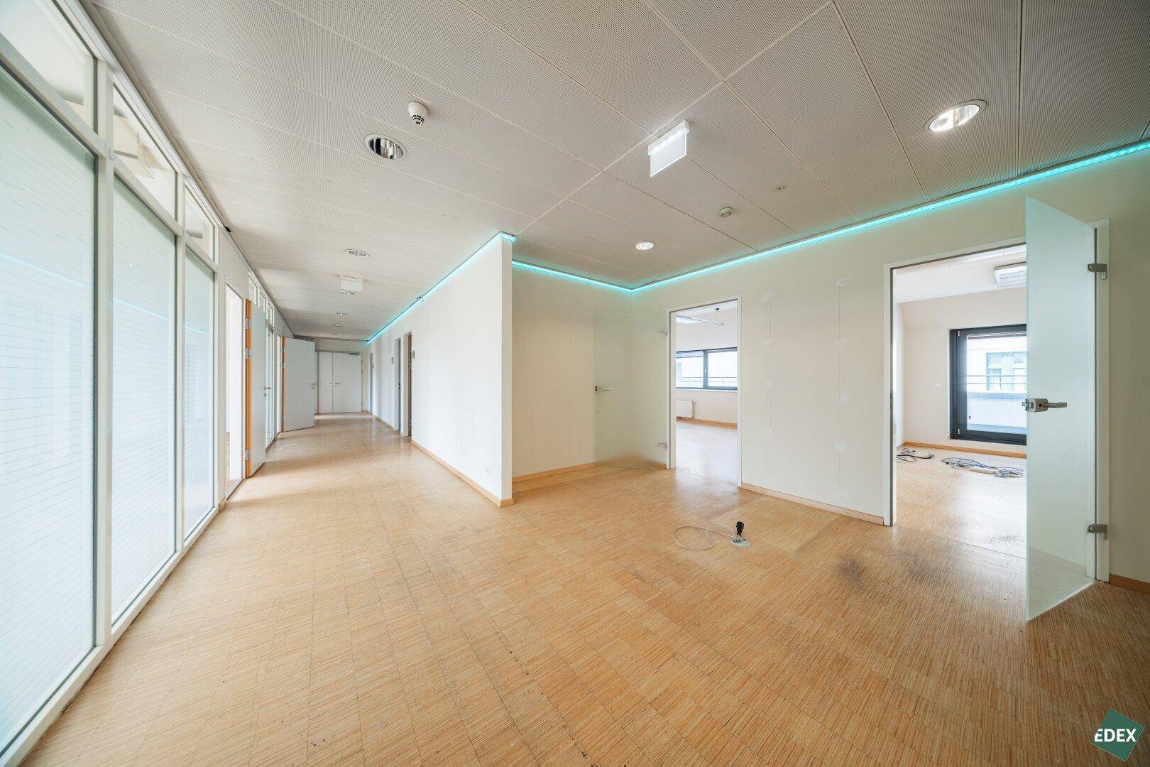 Langer Flur mit Glaswänden zu Büros, Holzboden und moderner LED-Beleuchtung.