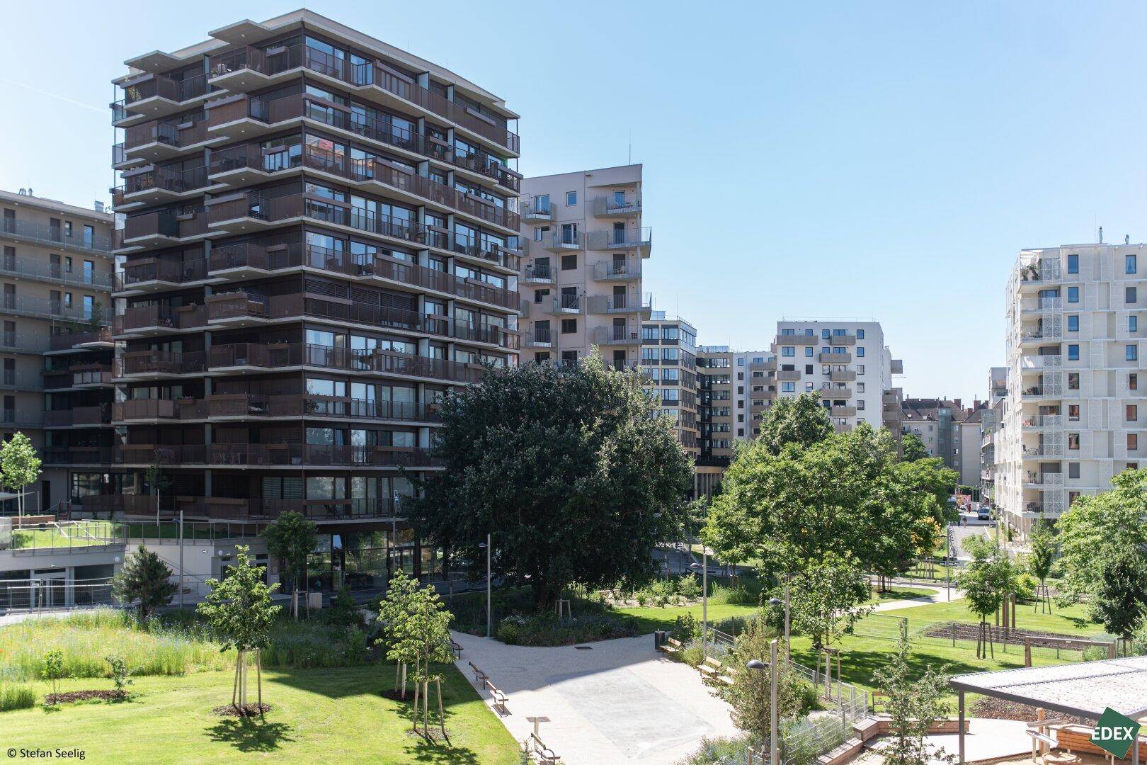Moderne Wohngebäude umgeben von einer weitläufigen Grünanlage mit Spazierwegen und Bäumen.