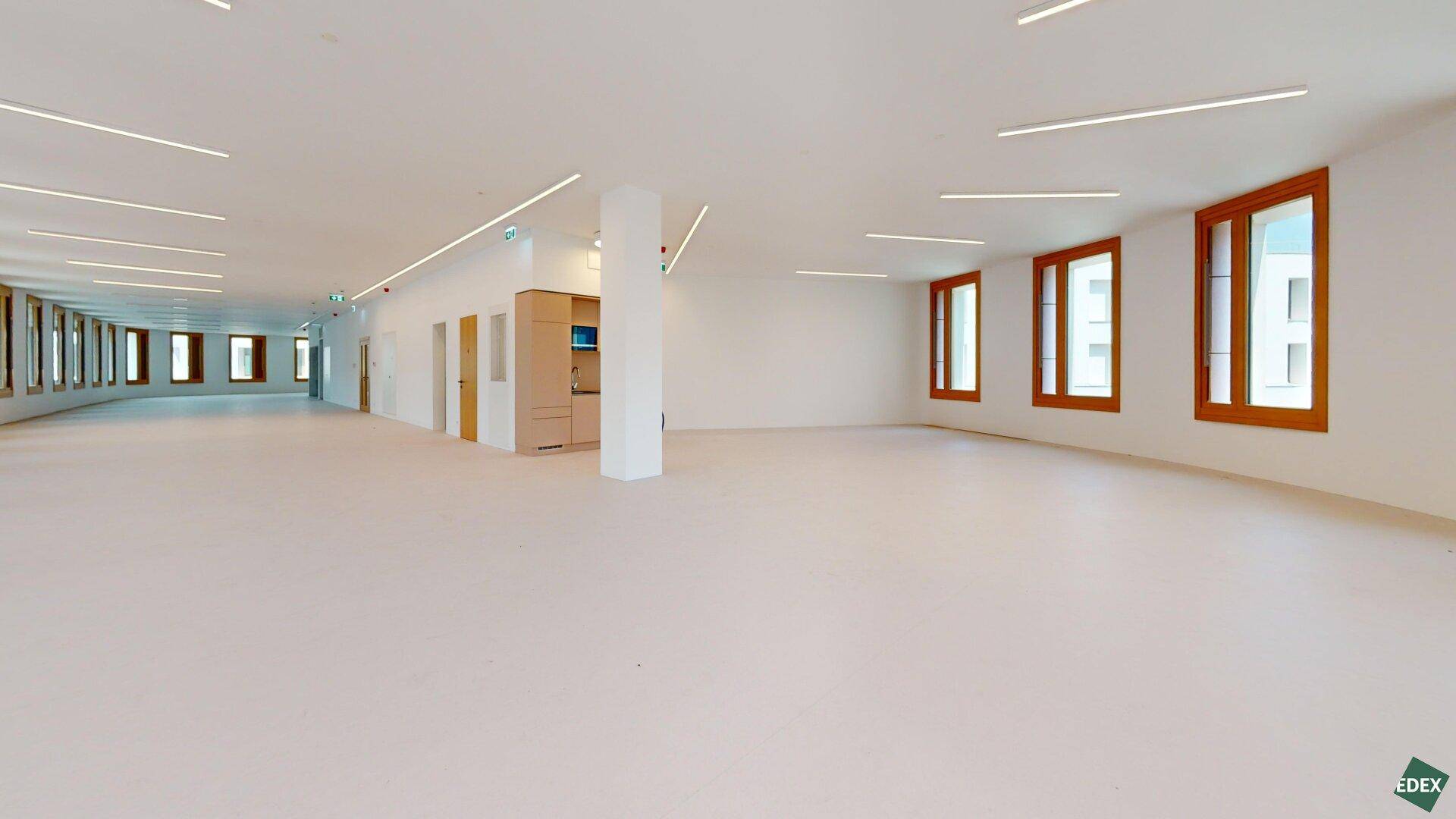 Langer, heller Bürogang mit vielen Fenstern, weißen Wänden und moderner Deckenbeleuchtung.