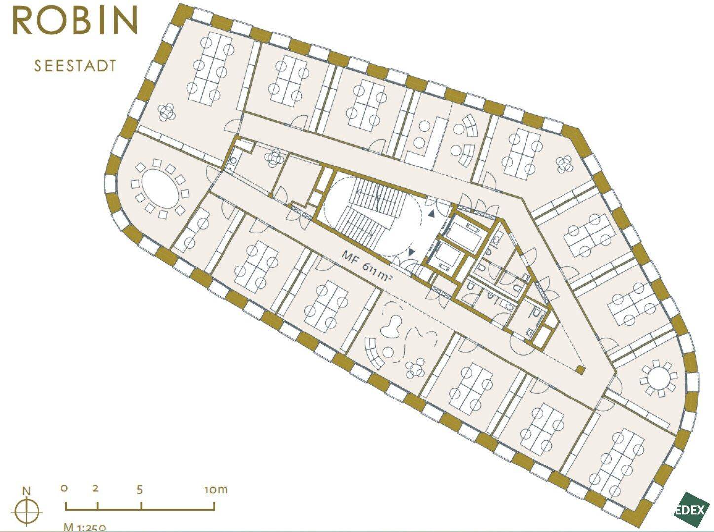 Grundriss eines Bürogebäudes mit flexiblen Arbeitsbereichen und zentralem Treppenhaus.