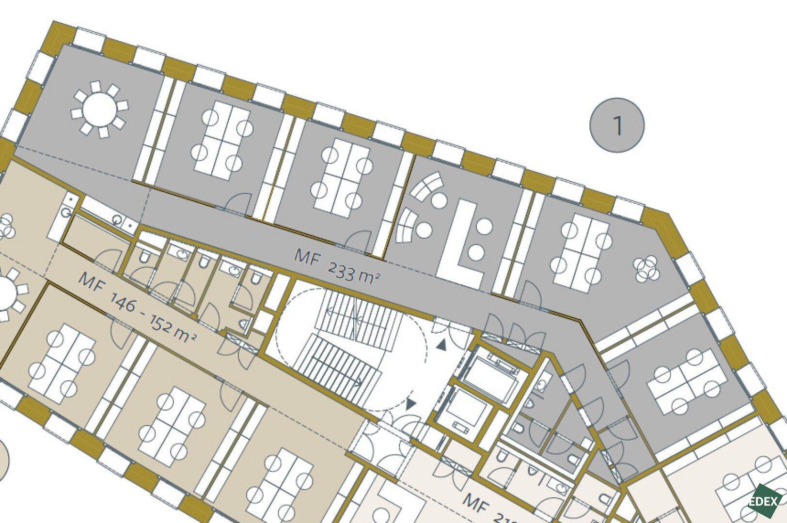Ausschnitt eines Büro-Grundrisses mit flexiblen Arbeitsplätzen und Gemeinschaftsbereichen.
