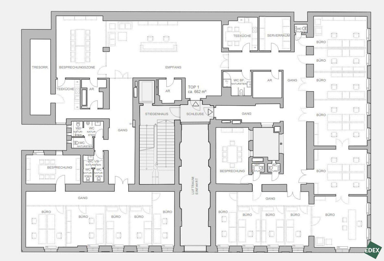 Detaillierter Grundriss einer Büroetage mit Empfang, Besprechungszonen und mehreren Büros auf 862 m².