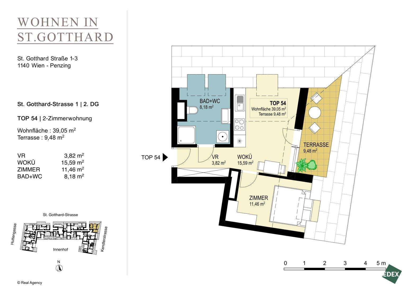 Grundriss einer 2-Zimmer-Wohnung mit Terrasse und klarem Raumlayout.