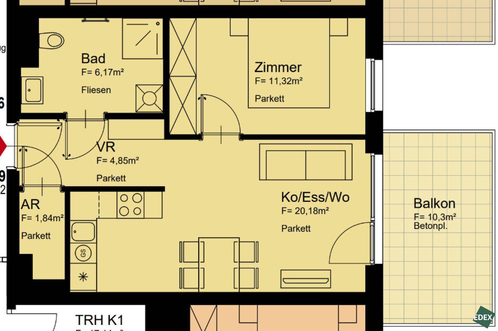 Grundriss einer Wohnung mit einem Schlafzimmer, offenem Wohnbereich und Balkon.
