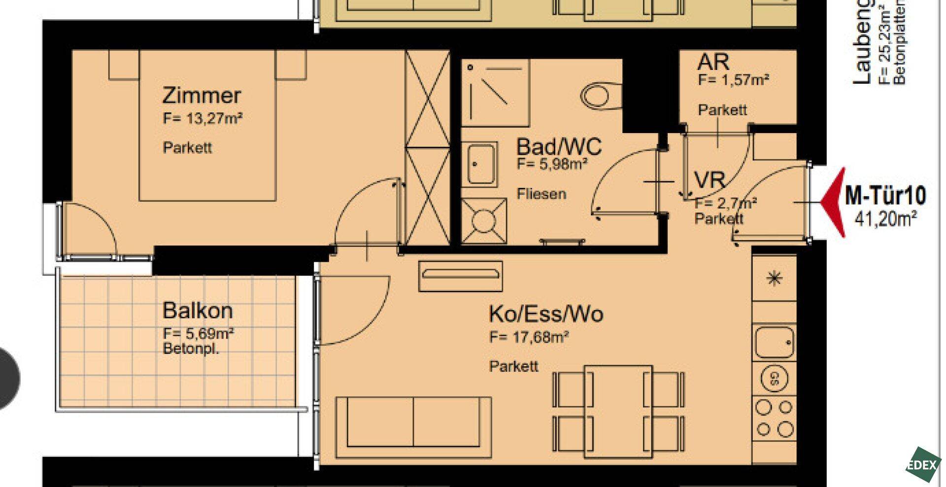 Grundriss einer Wohnung mit Zimmer, Bad/WC, Vorraum und offenem Wohn-/Ess-/Kochbereich.