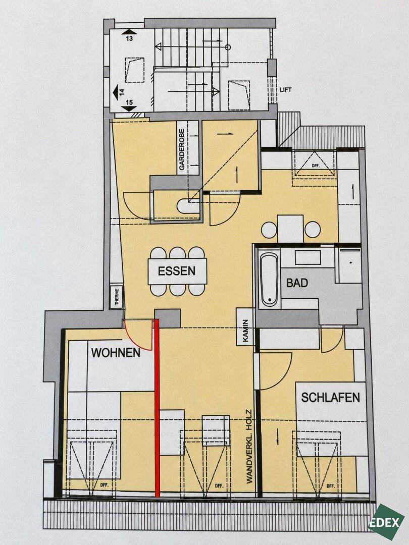 Grundriss der Wohnung mit Wohn-, Ess- und Schlafbereich sowie Bad und Garderobe.