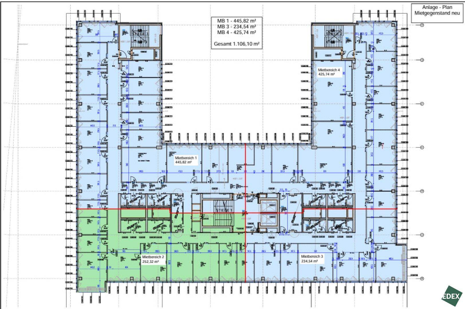 Detaillierter Grundriss eines Bürogebäudes mit flexiblen Mietbereichen und offener Gestaltung.