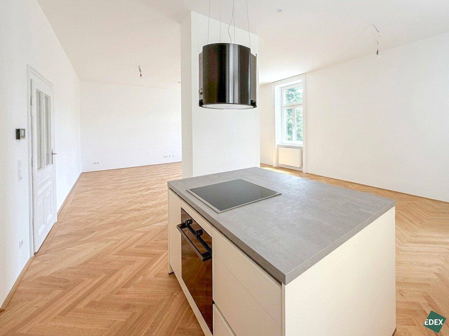 Moderne Kücheninsel mit Induktionskochfeld und integriertem Backofen in einem offenen Wohnkonzept.