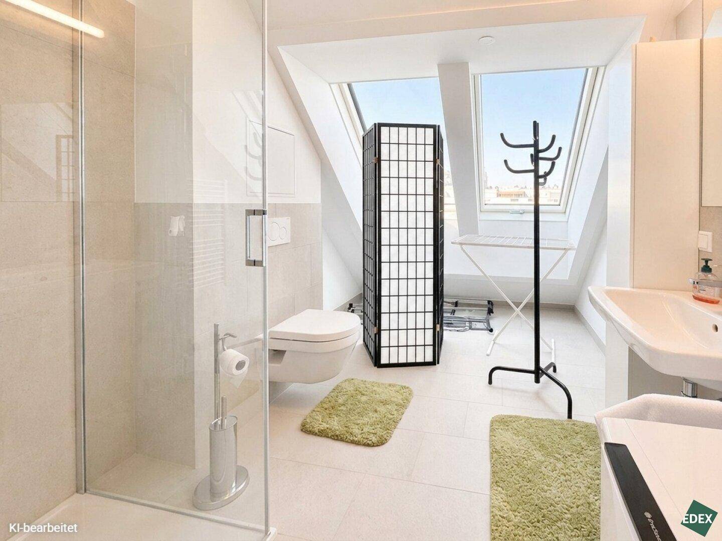 Modernes Badezimmer mit Dusche, WC und mehreren Dachfenstern für helle Atmosphäre.