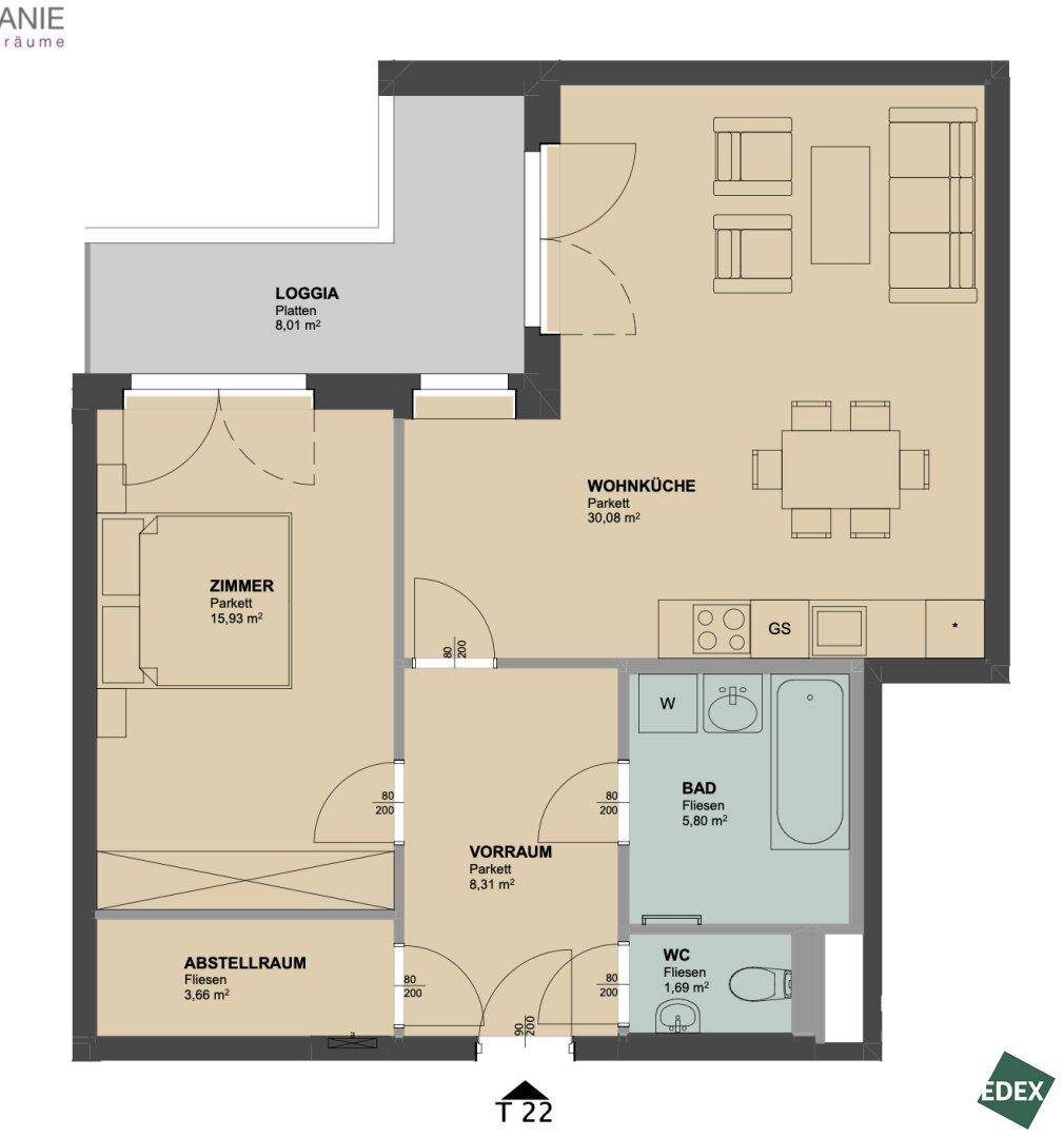 Grundriss einer Wohnung mit Wohnküche, Zimmer, Bad, WC, Vorraum und Loggia.
