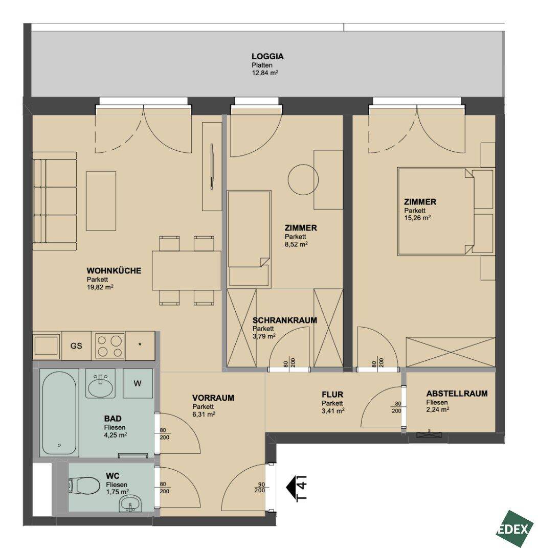 Grundriss einer Wohnung mit Wohnküche, zwei Zimmern, Bad, WC und Loggia.