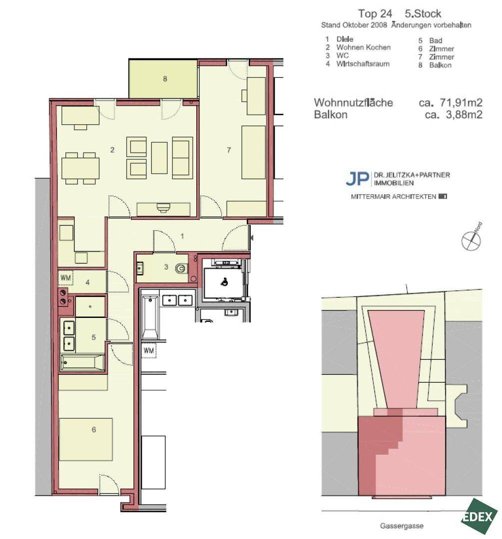 Grundriss der Wohnung im 5. Stock mit 71,91m² Wohnnutzfläche und Balkon.
