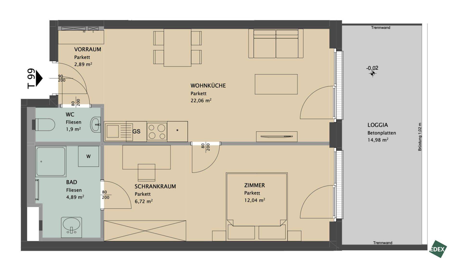 Grundriss einer Wohnung mit Wohnküche, Schlafzimmer, Bad, WC und Loggia.