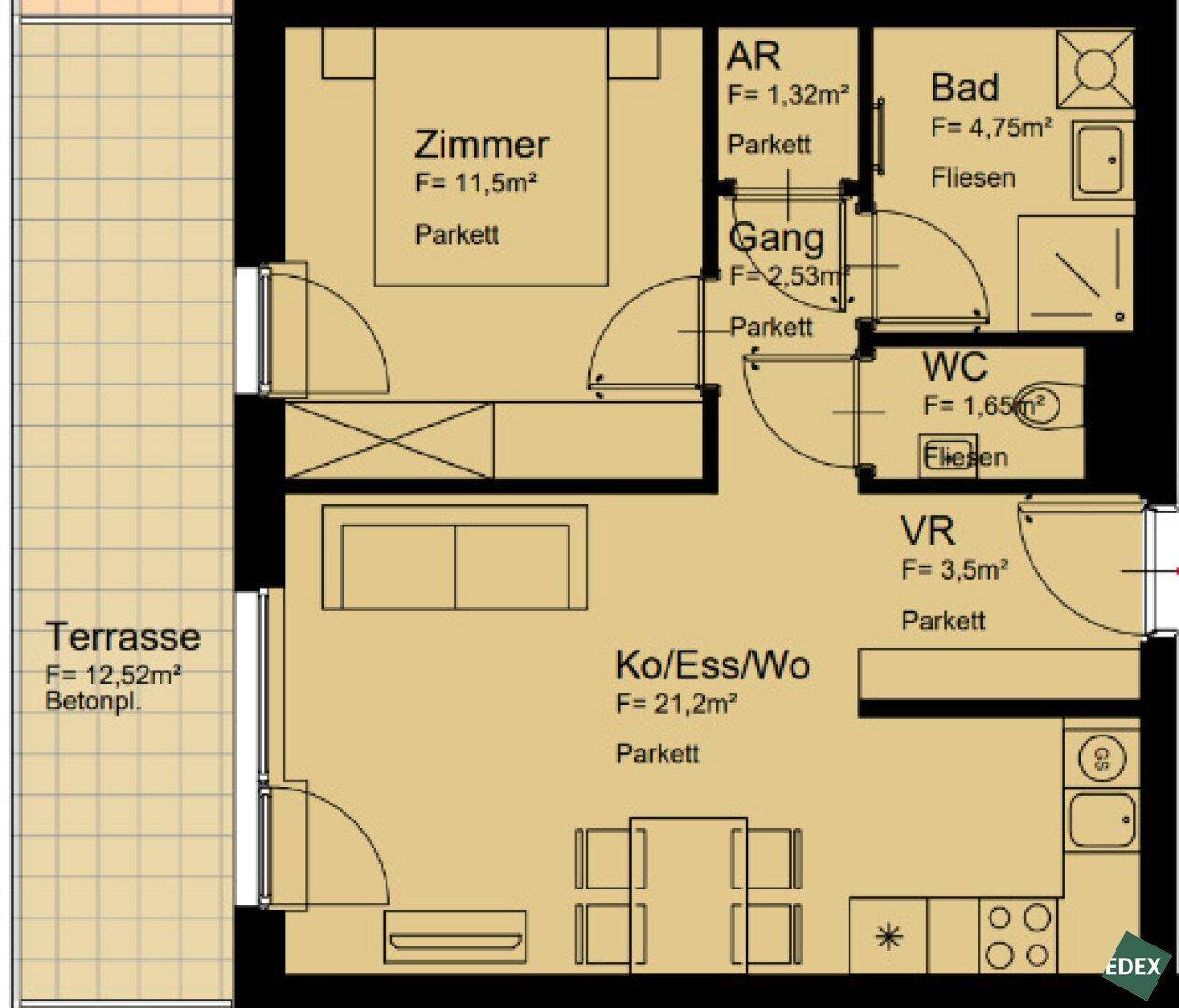Detaillierter Grundriss einer Wohnung mit Terrasse, einem Zimmer und offenem Wohnbereich.