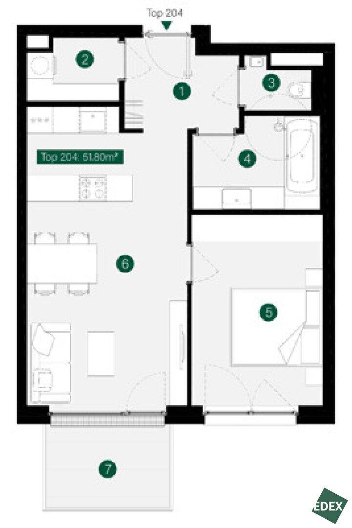 Grundriss einer 51,80m² Wohnung mit einem Schlafzimmer, offenem Wohnbereich und Balkon.