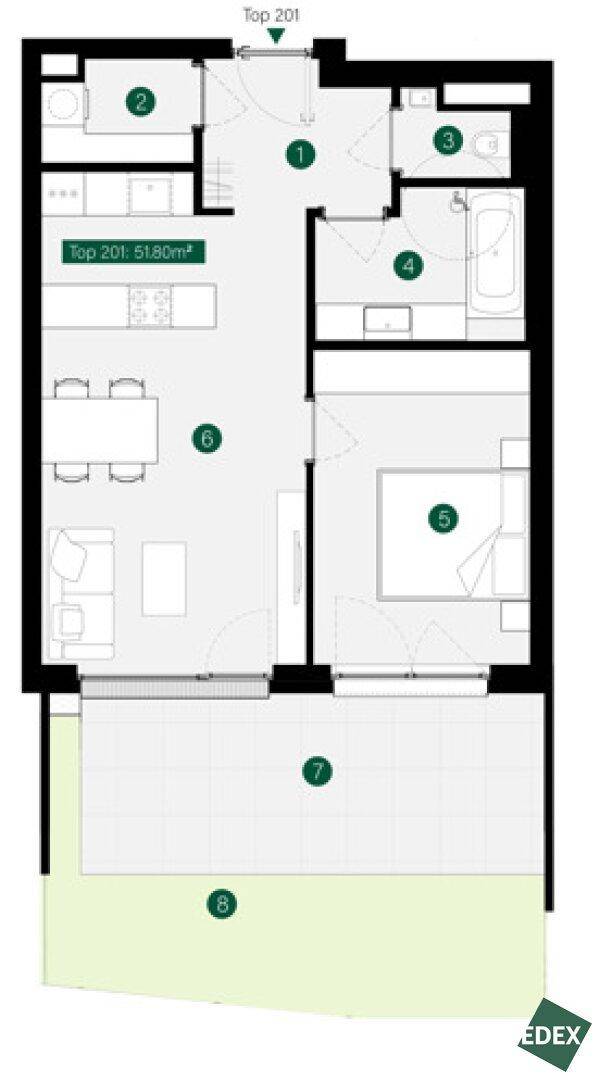 Grundriss einer Wohnung mit offenem Wohnbereich, Schlafzimmer und Terrasse.