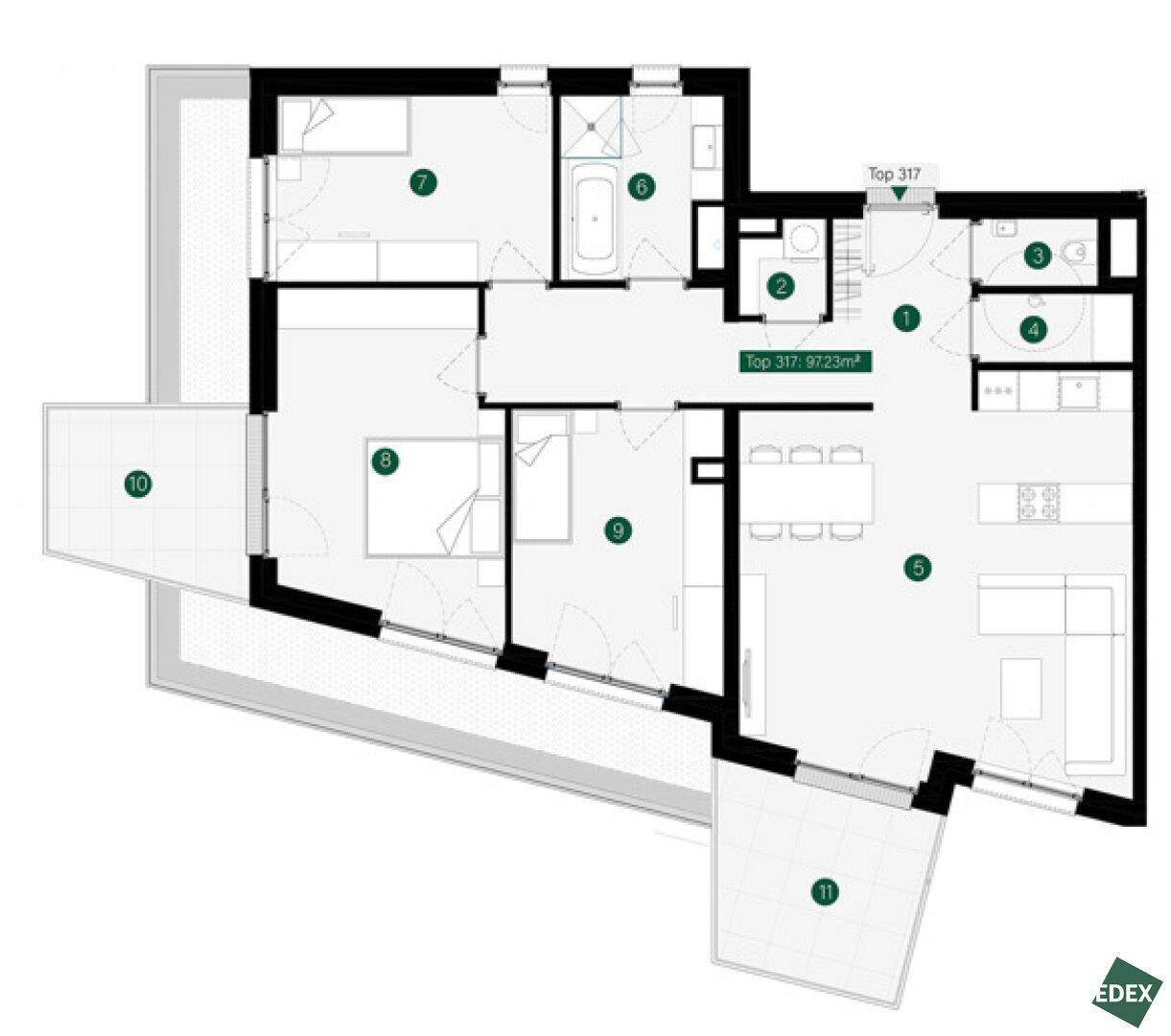 Detaillierter Grundriss einer Wohnung mit mehreren Zimmern und zwei Balkonen.