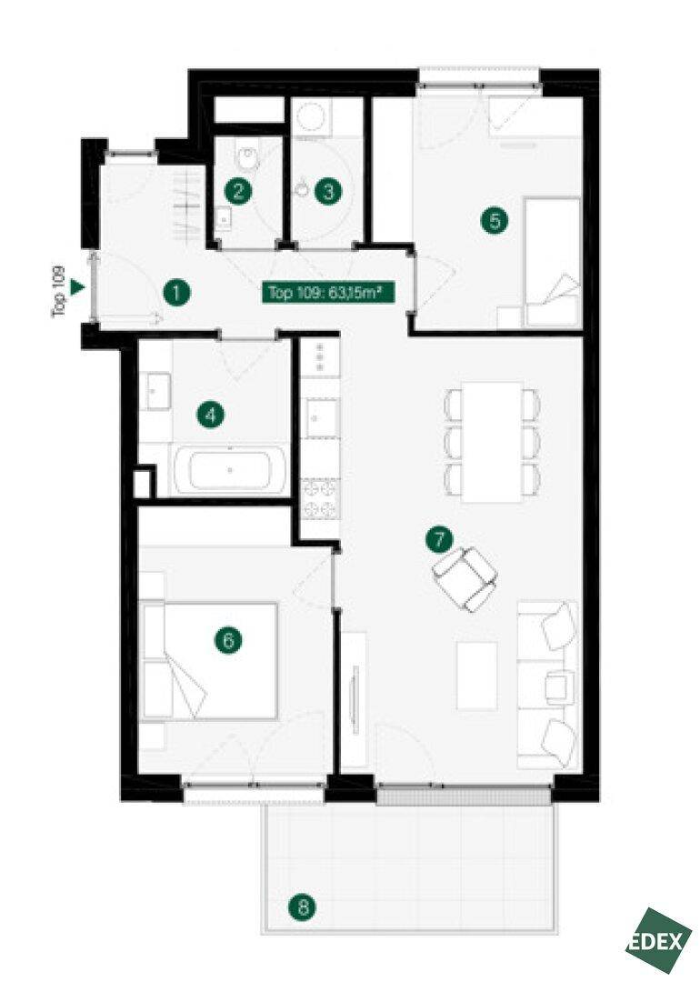 Grundriss der Wohnung mit drei Zimmern, Bad und Balkon.