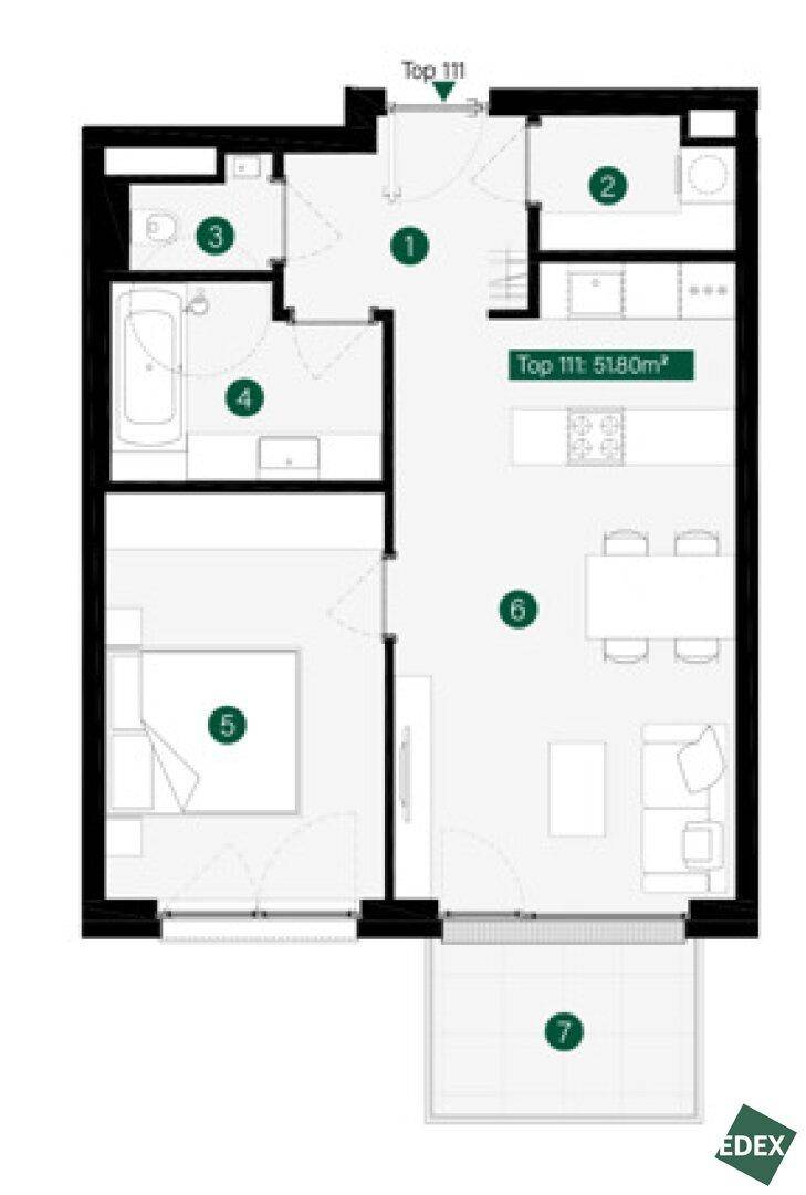 Grundriss einer Wohnung mit einem Schlafzimmer, Bad und offenem Wohnbereich.