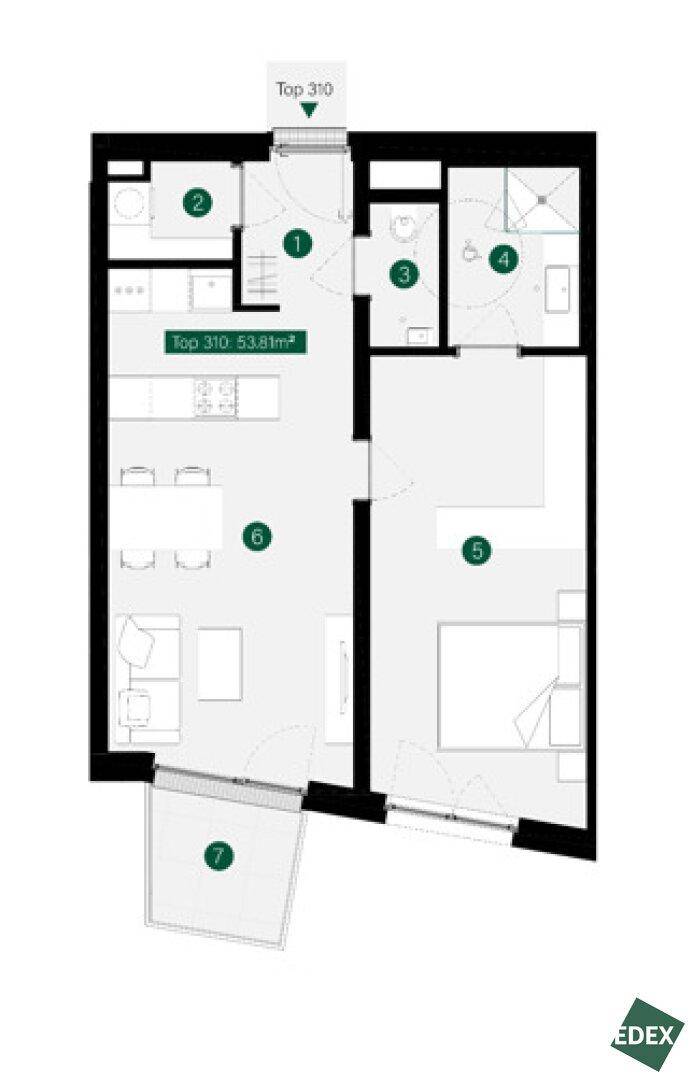 Grundriss der Wohnung Top 310 mit 53,81m² Wohnfläche und Balkon.