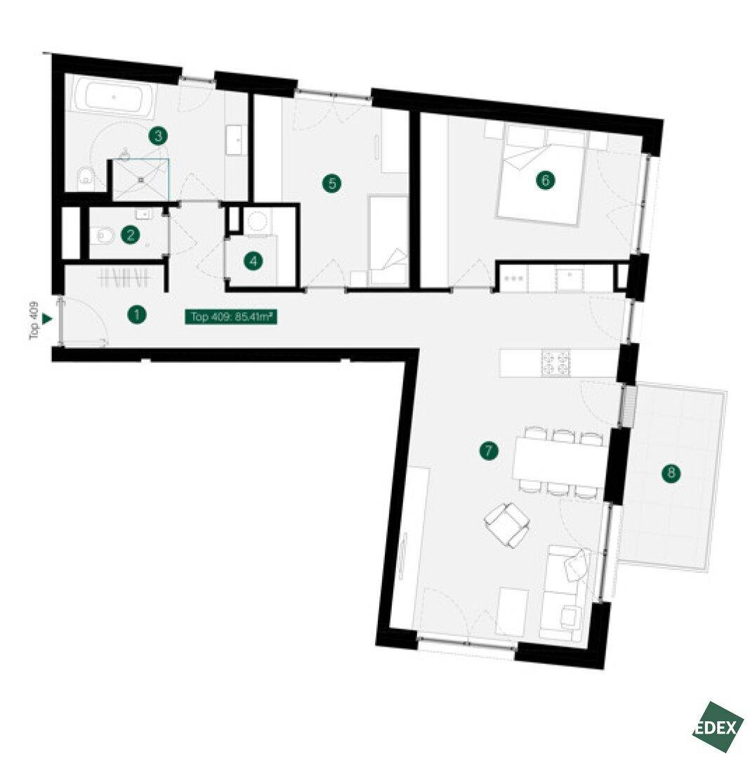 Detaillierter Grundriss einer Wohnung mit offenem Wohnbereich, zwei Bädern und Balkon.