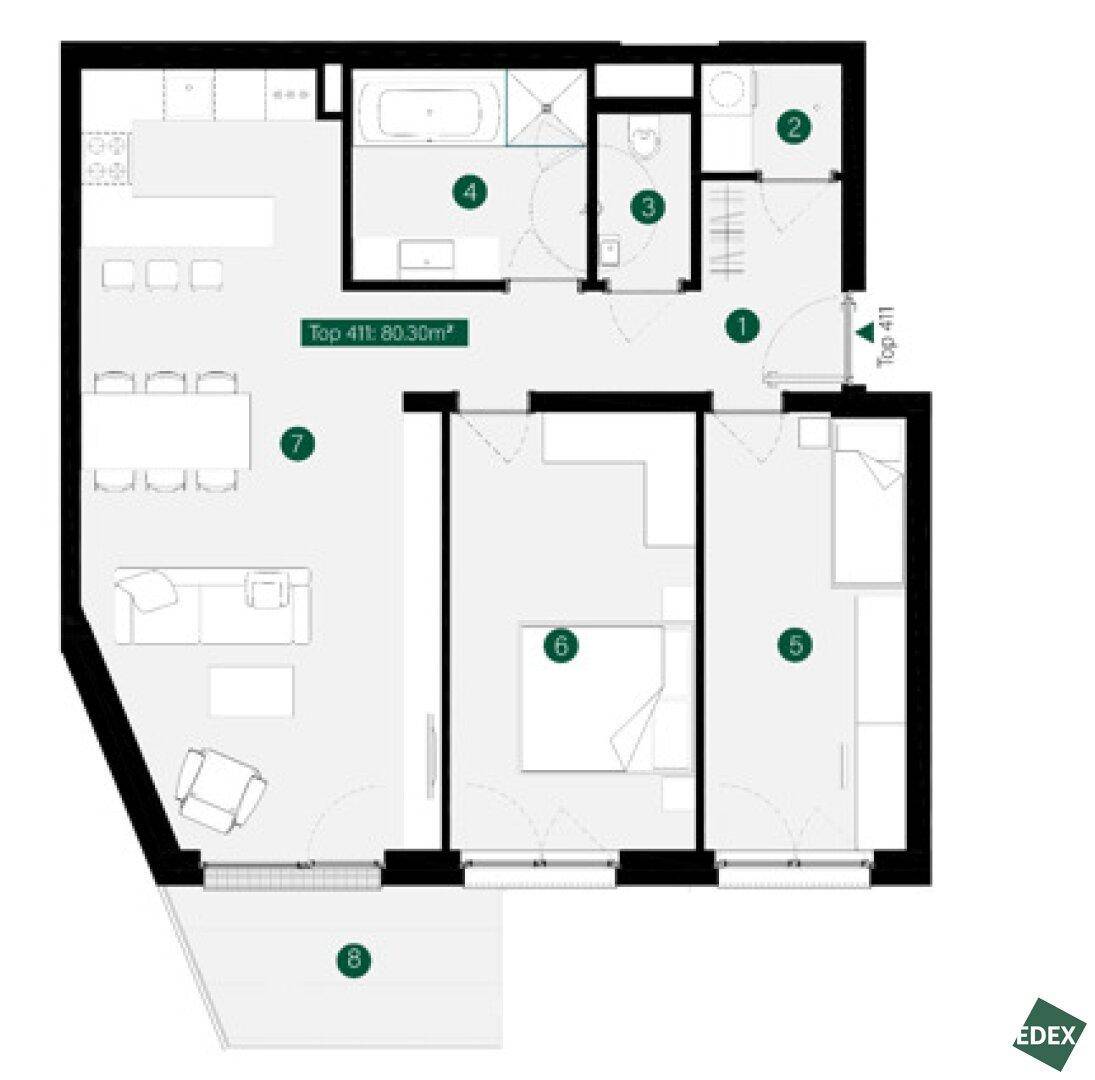 Grundriss der Wohnung Top 411 mit 80,30m² Wohnfläche und Balkon.