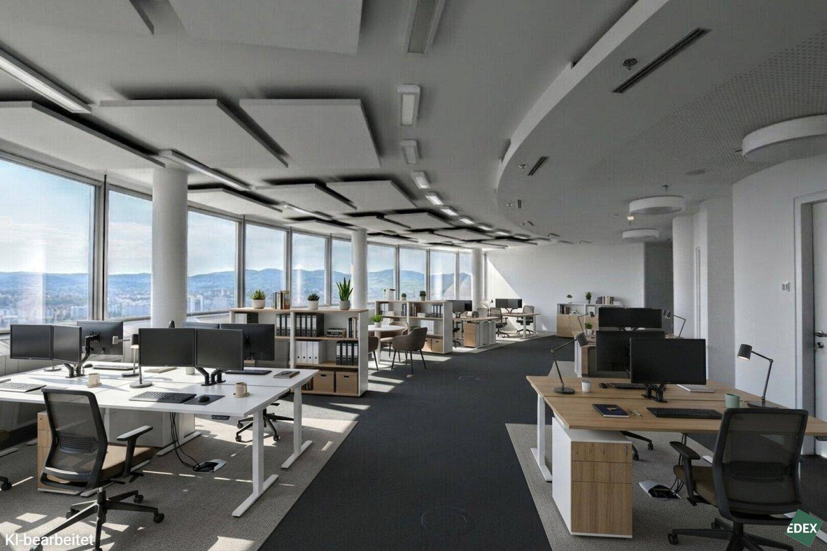 Helles Großraumbüro mit geschwungener Architektur, vielen Arbeitsplätzen und Panoramablick auf die Stadt.