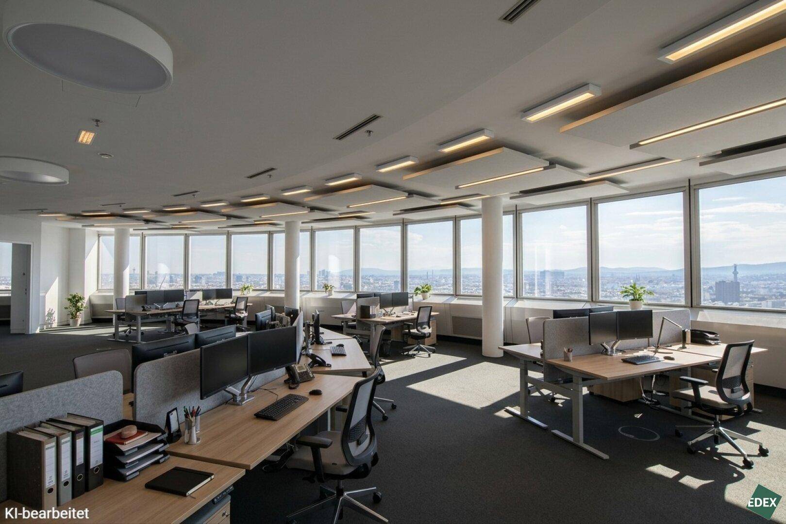 Weitläufiges Büro mit zahlreichen Arbeitsplätzen, großen Fensterfronten und Panoramablick auf die Umgebung.