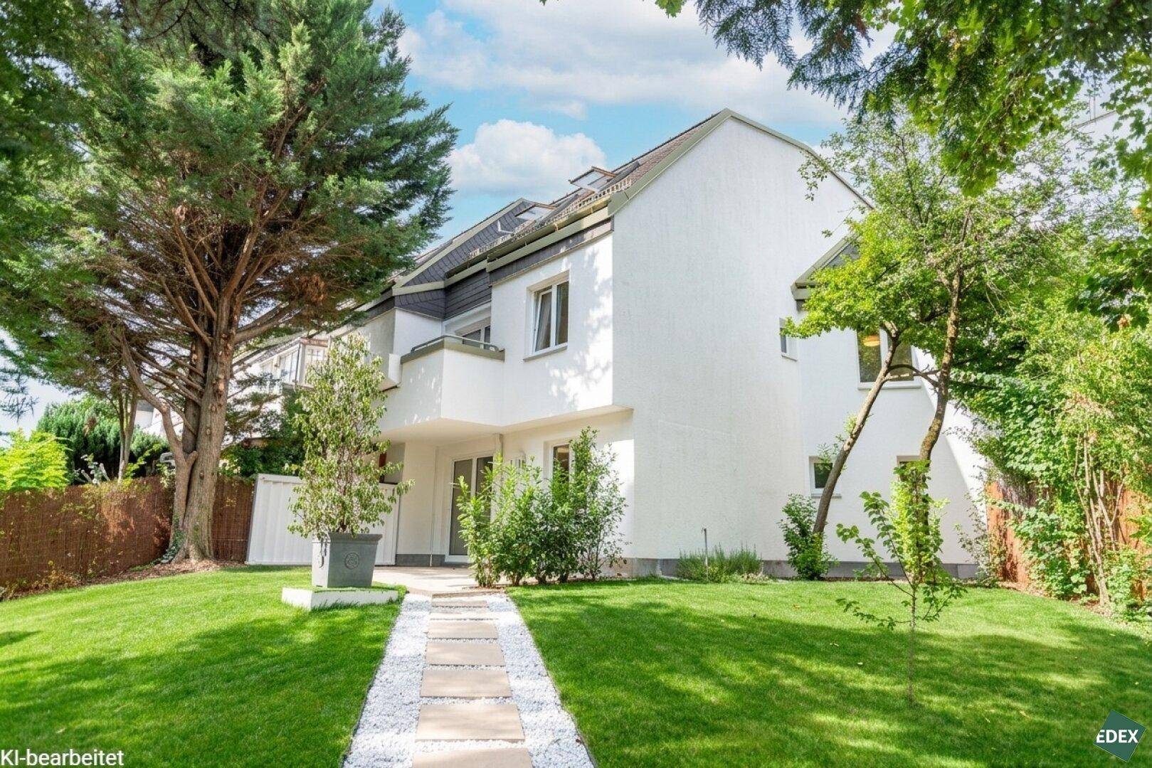 Modernes Einfamilienhaus mit weißer Fassade, großen Fenstern und gepflegtem Garten.