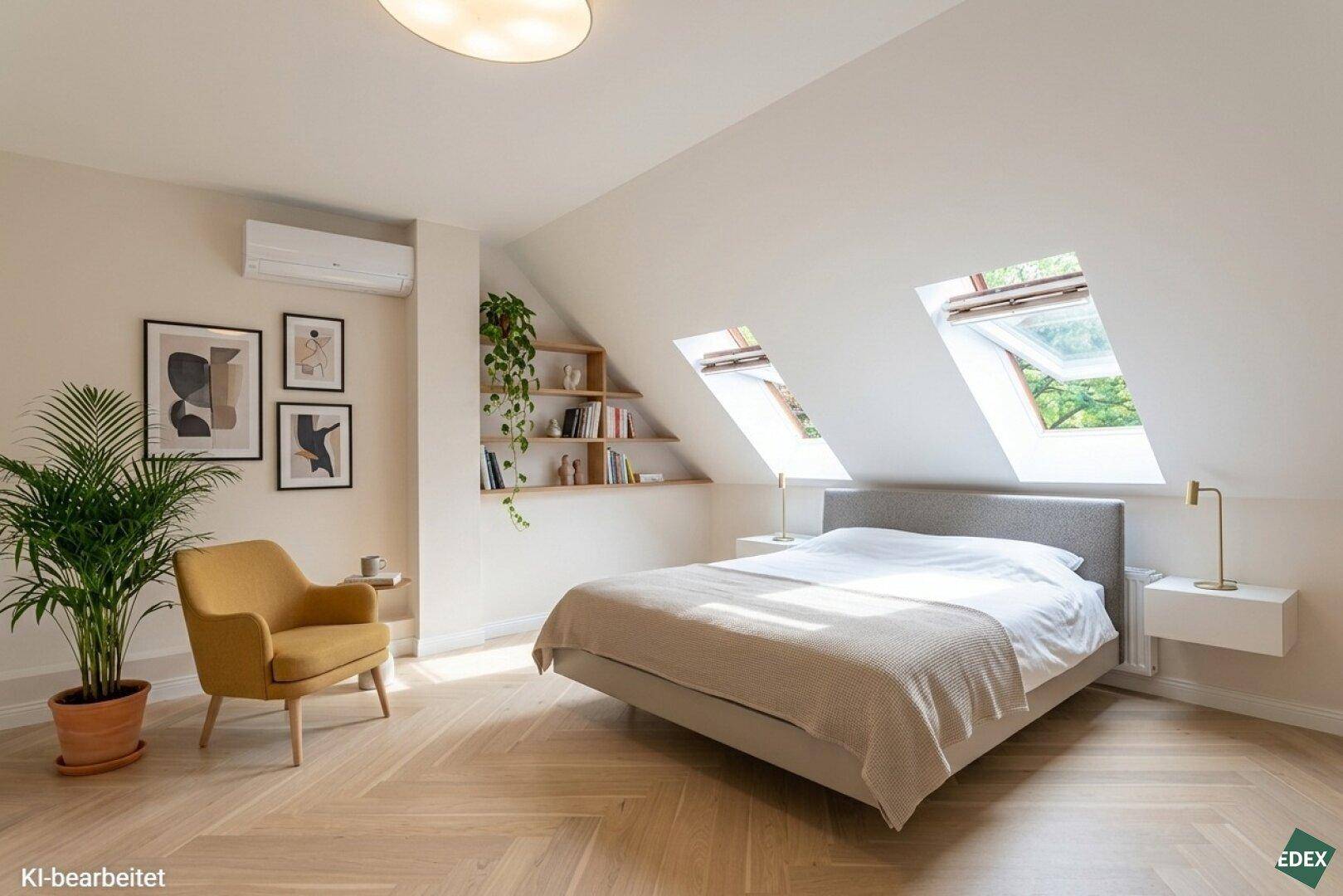 Gemütliches Schlafzimmer im Dachgeschoss mit schrägen Wänden, Holzboden und Dachfenstern.