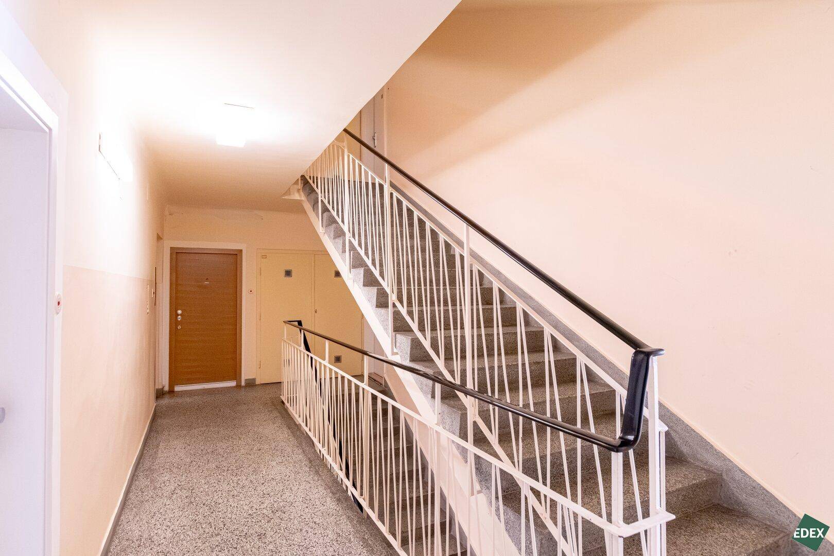 Treppenhaus mit Steinstufen und Metallgeländer in einem Mehrfamilienhaus.