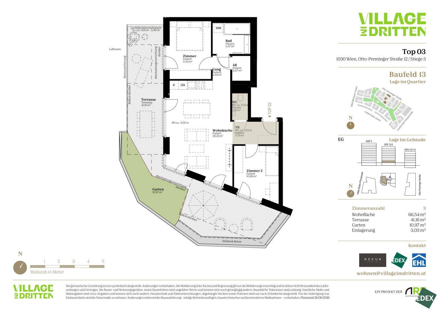 Grundriss einer Wohnung mit zwei Schlafzimmern, offener Wohnküche, zwei Bädern, Terrasse und Garten.
