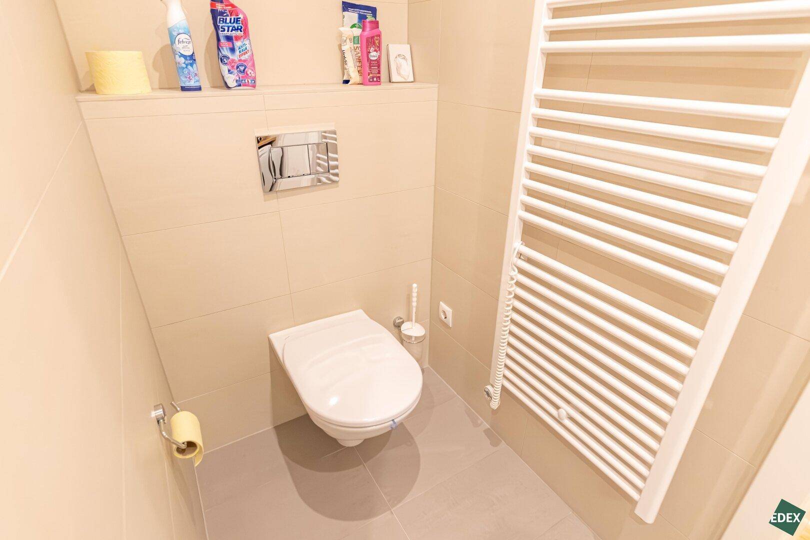 Modernes separates WC mit Wand-WC, Fliesen und einem praktischen beheizten Handtuchhalter.