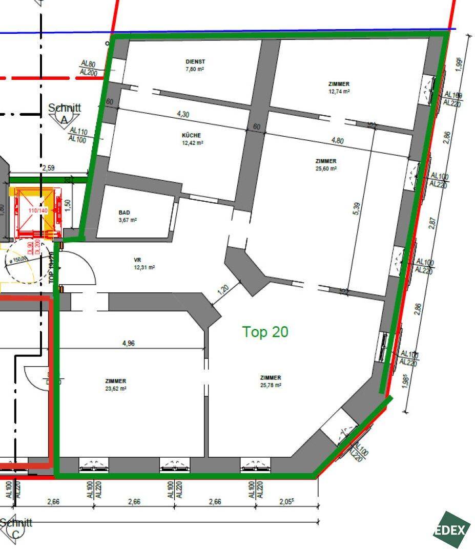 Detaillierter Grundriss der Wohnung mit mehreren Zimmern, Küche und Bad, inklusive Flächenangaben.