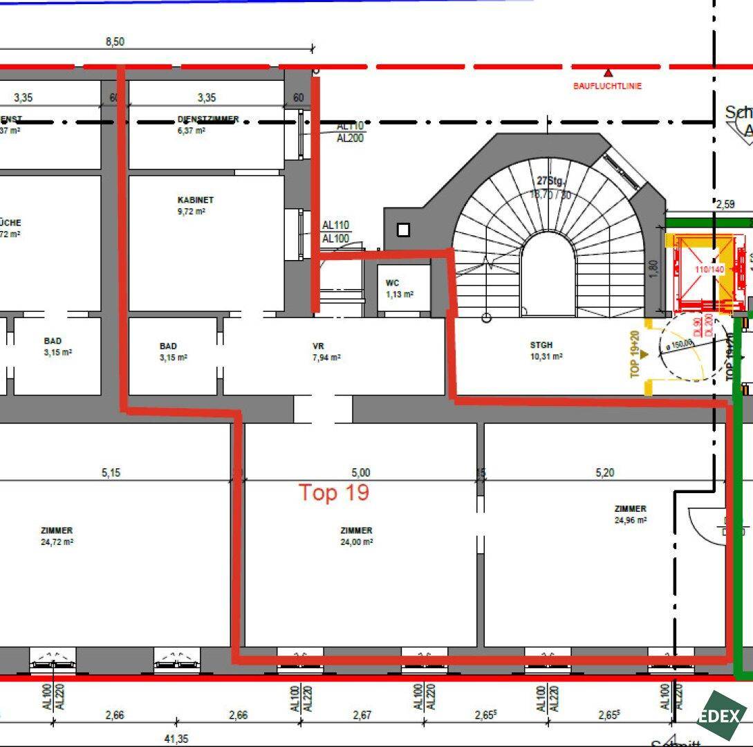 Detaillierter Grundriss mit Raumaufteilung, inklusive Zimmern, Bad und WC, sowie Treppenhaus.