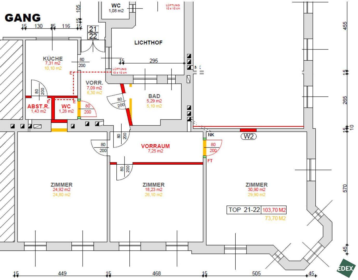 Grundriss einer Wohnung mit drei Zimmern, Küche, Bad und zwei WCs, inklusive Abstellraum.