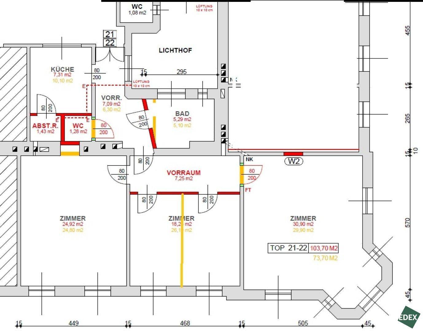 Grundriss einer Wohnung mit mehreren Zimmern, Küche, Bad und zwei separaten WCs.
