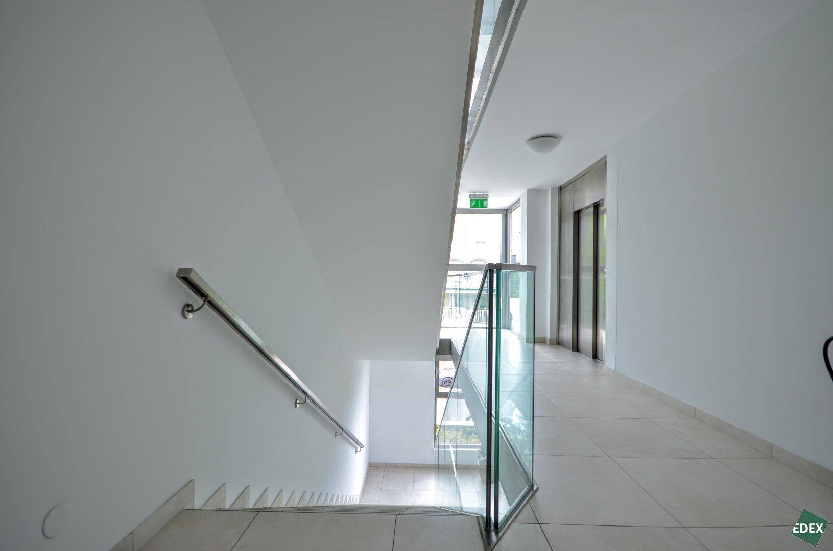 Modernes Treppenhaus mit Glasgeländer und Zugang zum Aufzug im Gemeinschaftsbereich.