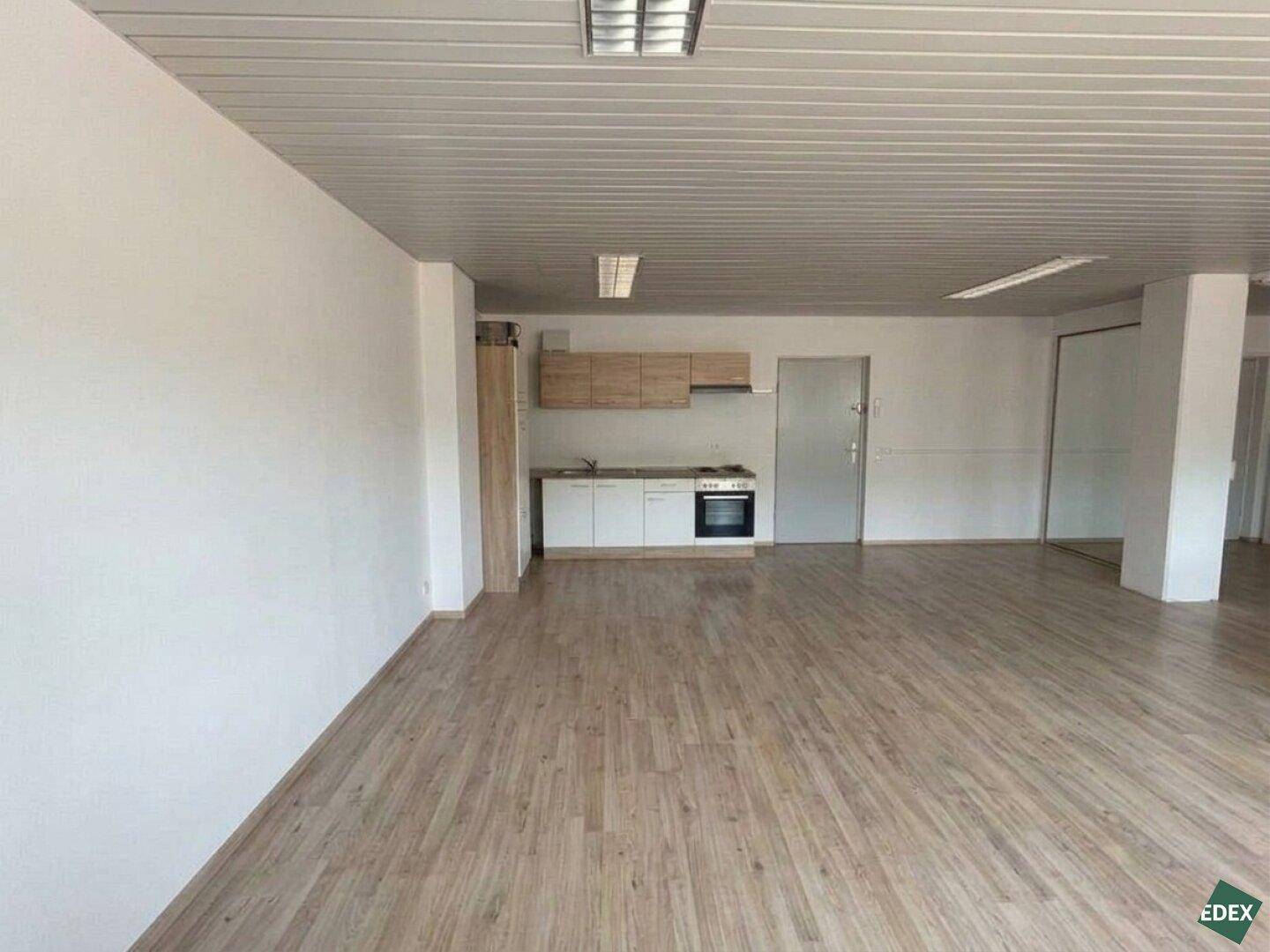 Großer Raum mit integrierter Küchenzeile, hellem Holzfußboden und Deckenpaneelen.