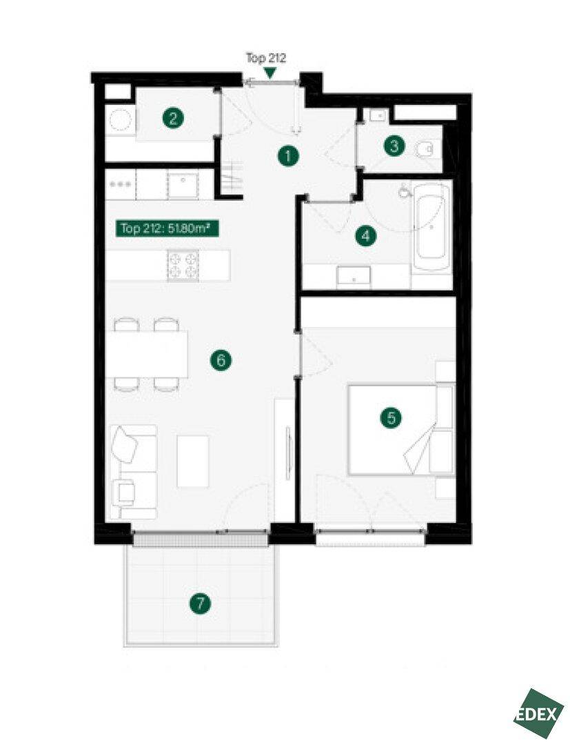 Grundriss einer Wohnung mit einem Schlafzimmer, Bad und offenem Wohnbereich.