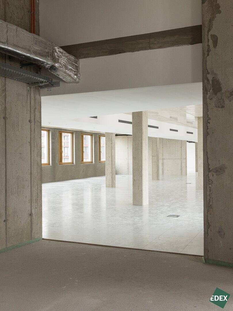 Blick durch einen Türrahmen in einen großen, offenen Büroraum mit Betonstützen und Fliesenboden.