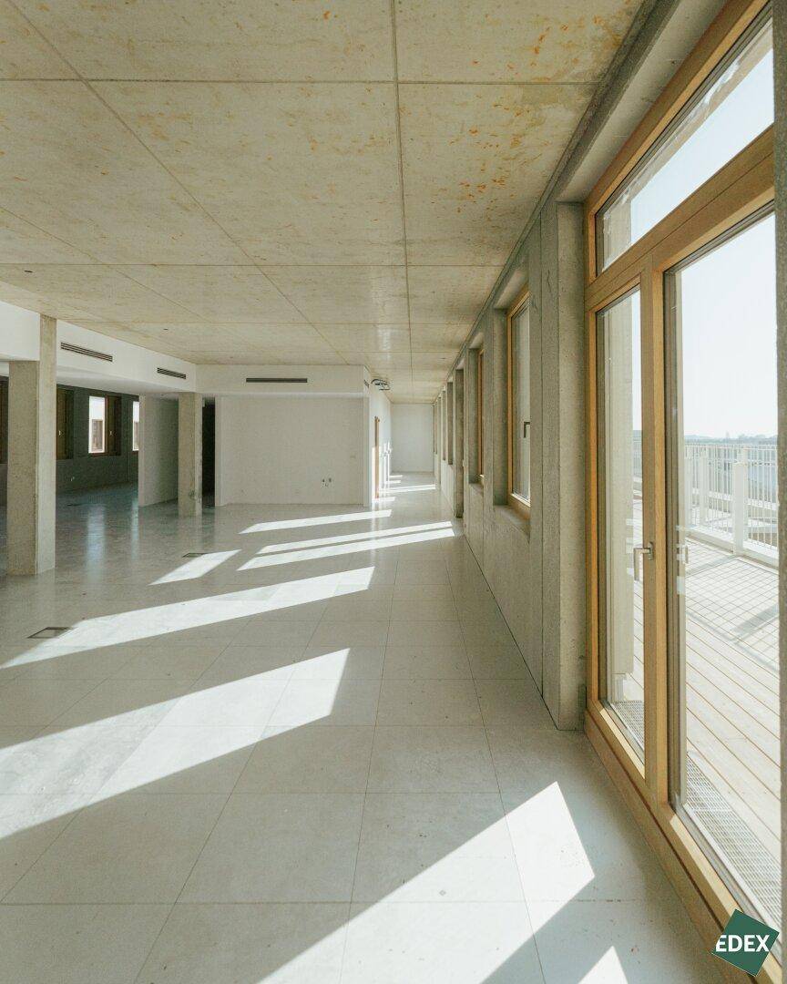 Langer Flur mit Fliesenboden, Betonwänden und einer Reihe von Fenstern, die zu einer Terrasse führen.