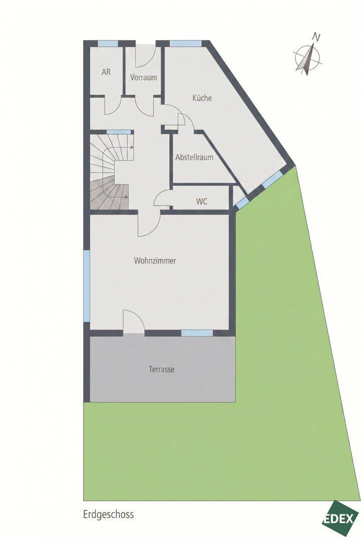 Grundriss des Erdgeschosses mit Wohnzimmer, Küche, WC und Zugang zur Terrasse.